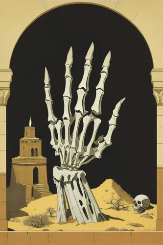 Describe a creepy skeleton hand emerging from a dark, ancient tomb.,skeleton hand,skeletons,pile of bones,handshake icon,trumpet of jericho,hand of fatima,torch-bearer,north african bristle ends,puebl