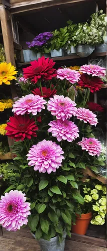 Write a comedic dialogue between a customer and a flower shop assistant.,gerbera daisies,farmers market petunias,osteospermum,farmers market flowers,colorful flowers,gerbera,zinnias,potted flowers,far