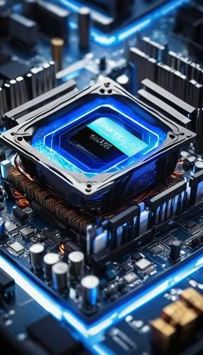 Modern CPU, futuristic laboratory, sleek metal desktop, wires and circuits, motherboard, microprocessor, cache memory, GPU accelerator, heat sink, fan spinning fast, high-speed data transmission, 1ms 