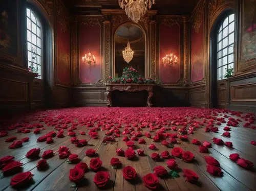 rose petals,lachapelle,piano petals,flower carpet,ornate room,tunick,Photography,General,Fantasy