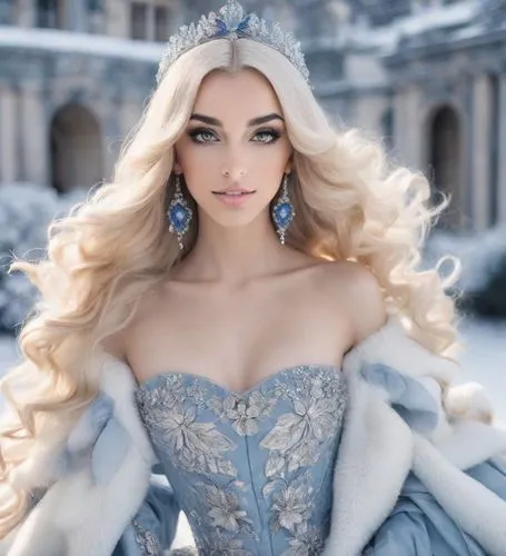 model headshot，Women's Fashion，
American Minimalism,a blonde girl wearing a blue dress with white fur,the snow queen,elsa,ice queen,ice princess,white rose snow queen,yelizaveta,Photography,Cinematic