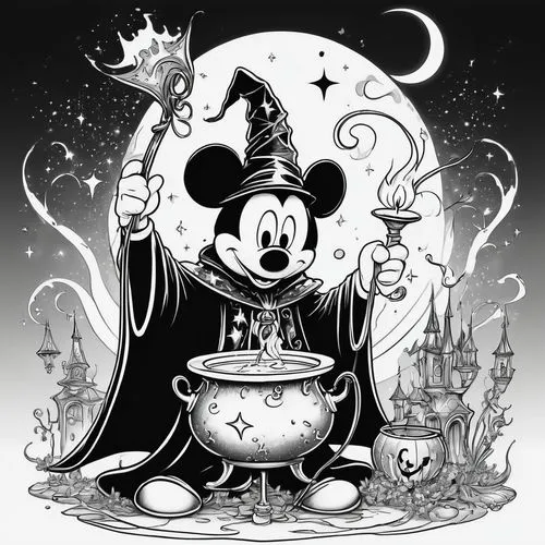 candy cauldron,magical pot,cauldron,mouseketeer,mickey mause,magica,Illustration,Black and White,Black and White 08