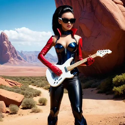 tura satana,lady rocks,epiphone,latex clothing,wasp,thunderbird,electric guitar,photo session in bodysuit,super heroine,telecaster,digital compositing,guitar player,rocker,harley,lead guitarist,widow spider,fantasy woman,latex,rockabilly,guitar,Photography,General,Cinematic