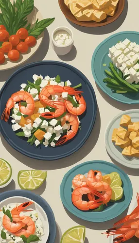 Write a dialogue where two friends discuss their favorite shrimp and feta recipes.,seafood,sea foods,seafood platter,food collage,food icons,food platter,sushi plate,foods,summer foods,antipasto,sea f