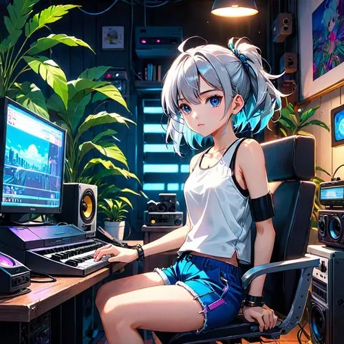 girl at the computer,pianist,desk top,keyboardist,desk,ayanami,msx,synthy,djn,synth,desktops,ranko,midi keyboard,workstation,midi,matritech,limiter,producer,computer,keyboarder,Anime,Anime,Traditional