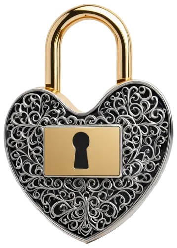 Lock icon, transparent background, metallic material, detailed mechanism, silver color, ornate design, intricate patterns, 3D rendering, close-up shot, shallow depth of field, soft focus, warm lightin