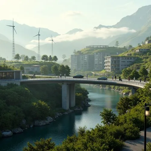 Eco-friendly vehicular bridge, lush green roofs, solar panels, wind turbines, rainwater harvesting systems, recycled steel structures, low-carbon concrete, natural stone foundations, energy-efficient 