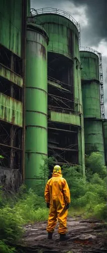 Abandoned, hostile, futuristic, industrial, nuclear power plant, radioactive waste storage facility, crumbling concrete walls, rusted metal pipes, toxic green glowing liquid, hazmat suits, warning sig