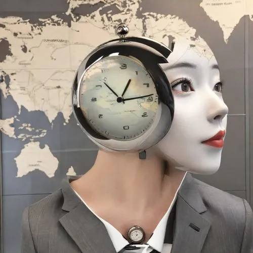 a white mannequin head wearing a grey suit and black and white clock,wall clock,world clock,open-face watch,timekeeper,timezones,timestream