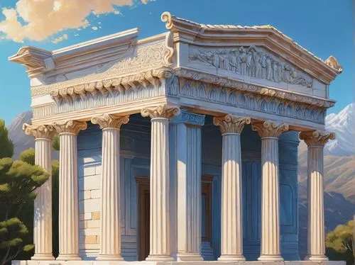 greek temple,columns,roman temple,doric columns,pillars,three pillars,capitolium,pillar capitals,palladian,caesar palace,acropolis,roman columns,temple of diana,the parthenon,artemis temple,colonnaded,parthenon,zappeion,pillar,palmyra,Illustration,Paper based,Paper Based 16