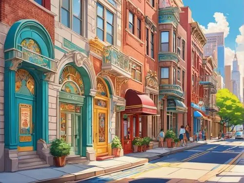 rowhouses,brownstones,beautiful buildings,colorful city,houses clipart,giaimo,brownstone,rowhouse,sidestreet,townhouses,row houses,townhouse,cartoon video game background,cloudstreet,townhomes,background vector,sidestreets,bostonia,apartment house,streetscape,Illustration,Japanese style,Japanese Style 01