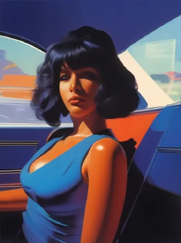 A girl straightens her hair in a moving luxury car.,a woman with black hair leaning on the car window,hildebrandt,vettriano,brubaker,mcquarrie,deodato,retro woman