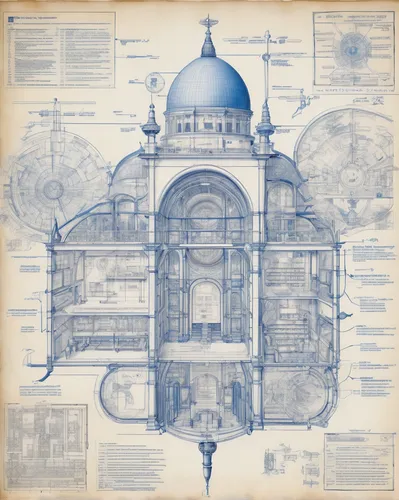 An architectural presentation drawing made up of layers of technical drawings and architectural plans and blueprints, very detailed and intricate with callout texts, leaders, arrows, with dimensions a