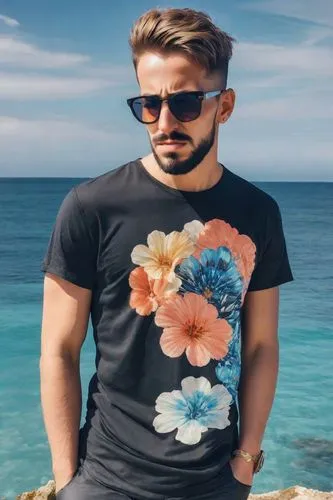 homem jovem com estilo moderno, flores, mar ao fundo,floral background,floral mockup,beach background,flower wall en,flower background,tropical floral background,cool remeras,ocean background,fuerteve