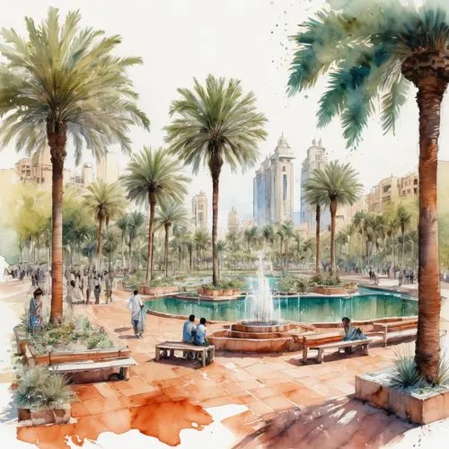 dubai fountain,watercolor palm trees,qasr al watan,date palms,madinat jumeirah,souk madinat jumeirah,dubai garden glow,dubai desert,jbr,dubai,madinat,sharjah,emirates palace hotel,jumeirah,palm garden,abu dhabi,garden of the fountain,royal palms,abu-dhabi,fountains,Illustration,Paper based,Paper Based 13