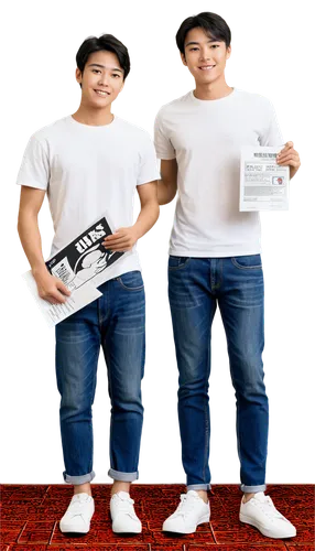 Flyer, young adult, solo, (18yo), handsome detailed eyes, light smile, short black hair, white shirt, dark blue jeans, sneakers, holding flyer papers, standing, casual, natural light, 3/4 composition,