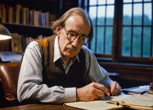 Eeyore creator, A.A. Milne, middle-aged man, bespectacled, thinning hair, white shirt, brown vest, trousers, holding a pen, sitting at a wooden desk, surrounded by papers and books, dimly lit study, l