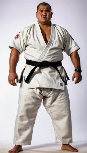 raw photo, burly chubby guy, Tongan, 38 years old, round face, fat, wet skin, serious face, black skin,  Judo athlete, wearing Judo gi, full body shot, hands on waist, body hair on chest,a man is dres