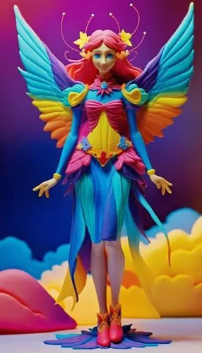 fairy , neon wings, sky, short dress
,a close up of a fairy of a person with wings,rosa 'the fairy,angel figure,evil fairy,rosa ' the fairy,anjo,lavagirl,3D,Clay