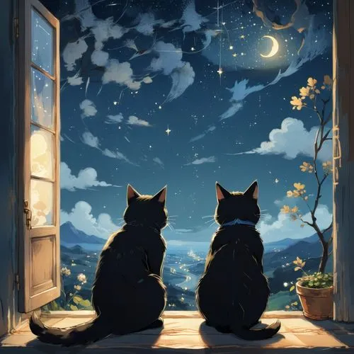 A touching image of a cat and its owner sharing a quiet moment by a window, looking out at a starry night.in the style of Hayao Miyazaki,two black cats sit near an open window at night,skyclan,skywatc