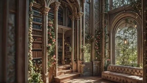 a large building with several windows and floral decorations on the walls,reading room,bookshelves,alcove,book wall,bookcases,dandelion hall,Photography,General,Fantasy