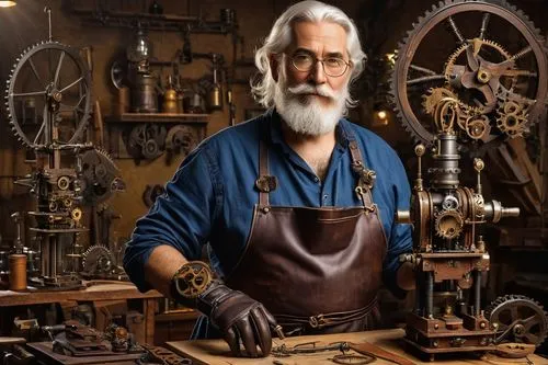 Da Vinci-inspired robotic inventor, standing, aged 40-50, white hair, beard, mustache, glasses, leather-bound apron, worn gloves, wooden workshop, old machines, gears, cogs, blueprints, sketches, Rena