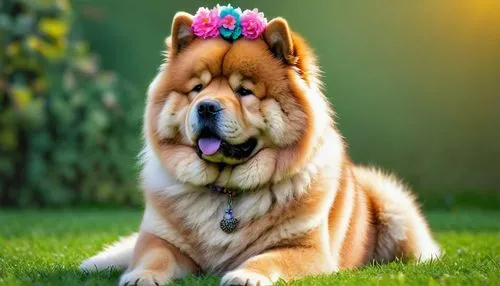 Cute Chow Chow, doodle art style, fluffy fur, curly tail, pink nose, big round eyes, black eye circles, white and brown fur mix, sitting posture, front paws together, back paws bent, flower crown, col