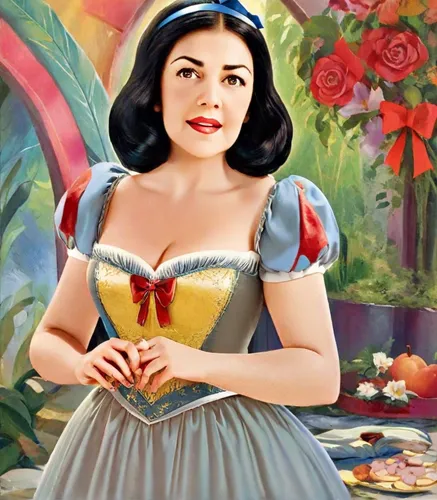 Princess (Snow White: 1.3) from Disney movie Snow White and the Seven Dwarfs, wears a classic princess gown that is colored in shades of blue and yellow. dark hair and typically styled in a bob with a