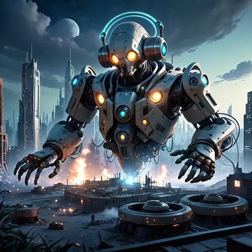 robot in an alien setting with lots of lights on,cybersmith,mech,tankor,mecha,robota,cyberian,Anime,Anime,General