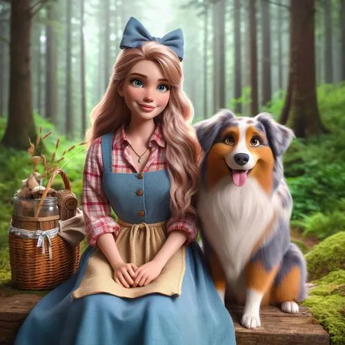 fairy tale character,girl with dog,fairytale characters,english shepherd,princess anna,fairy tale icons,rapunzel,disney character,laika,west siberian laika,cute cartoon character,pocahontas,russo-european laika,lilo,princess sofia,heidi country,3d fantasy,sheltie,digital compositing,children's fairy tale