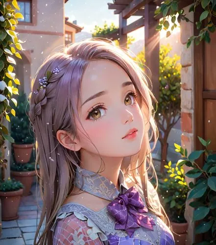 rapunzel,emilia,wisteria,holding flowers,beautiful girl with flowers,romani,Anime,Anime,Realistic