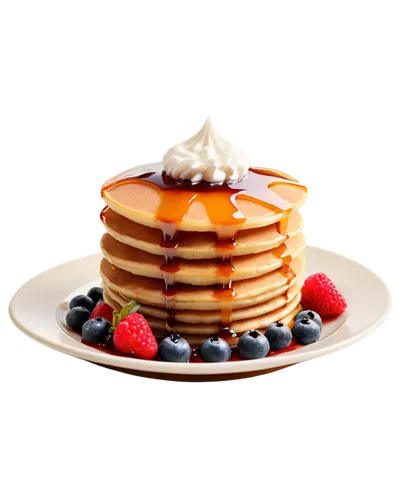 Delicious stack, golden brown pancake, butter melting, sweet syrup dripping, fresh berries scattered, whipped cream on top, ceramic plate, morning sunlight, shallow depth of field, warm color tone, 3/