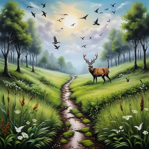 deer illustration,nature background,forest path,hare trail,forest landscape,pere davids deer,Illustration,Abstract Fantasy,Abstract Fantasy 14