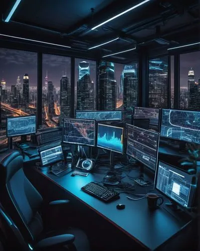 Event-driven architecture, futuristic cityscape, neon lights, sleek skyscrapers, complex network infrastructure, wires, circuits, microchips, coding screens, programming languages, developer workspace