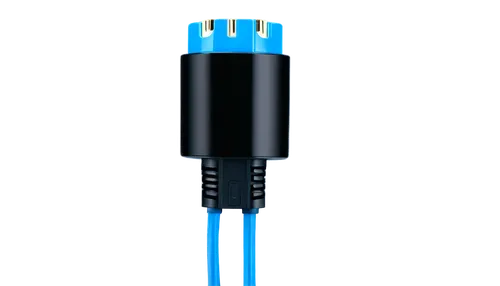 Electric plug, charging cable, white background, futuristic design, glowing blue LED light, metallic surface, circular shape, dynamic composition, close-up shot, shallow depth of field, high contrast,