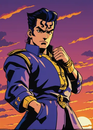 Generate an AI-generated image of Josuke in a fierce and determined pose at sunset.,dusk background,takikomi gohan,swordsman,purple and gold,monsoon banner,matador,joseph,archer,purple,the sun has set