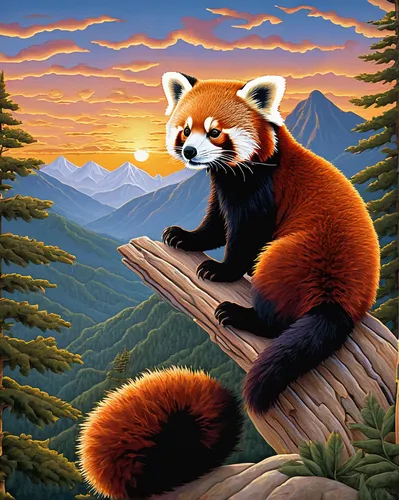 Imagine a majestic red panda gazing at the sunset in a mountainous landscape.,red panda,mozilla,firefox,colored pencil background,panda,ring-tailed,north american raccoon,oil painting on canvas,freder