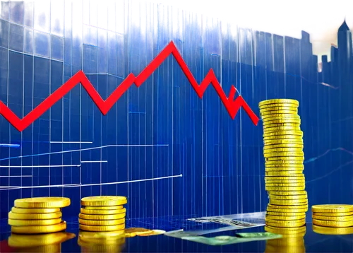 Economic graph, financial chart, blue and red lines, 3D cylindrical bars, golden coins, dollar bills, stock market background, cityscape view, skyscraper, morning light, shallow depth of field, cinema