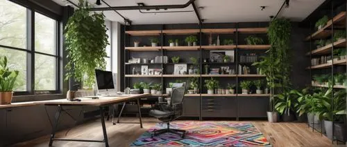 creative office,modern office,working space,loft,interior design,modern decor,bureaux,hanging plants,house plants,shared apartment,houseplant,interior modern design,houseplants,green living,hanging plant,study room,appartement,modern room,work space,contemporary decor,Illustration,Realistic Fantasy,Realistic Fantasy 27