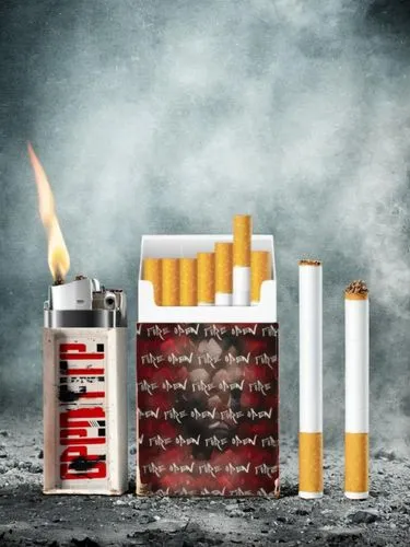 Cigarette Display, Red and white color scheme,  realistic, grunge, gritty, cinematic, apocalyptic, "OPEN FIRE" Cigarette pack, realistic,,cigarettes,cigarette box,cigarette butts,tobacco products,ciga