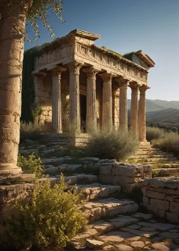 Ancient Greek temple, pilaster columns, ornate capitals, intricate carvings, weathered stone walls, crumbling facade, overgrown with vines, Mediterranean landscape, rolling hills, olive trees, distant