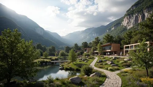 alpine village,oberland,andermatt,render,aurland,3d rendering,rivendell,mountain valley,rendalen,house in the mountains,mountain village,alpine landscape,house in mountains,ullevalseter,mountain settlement,cryengine,ilse valley,building valley,3d rendered,amanresorts