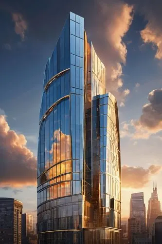 Modern Gpac architecture, futuristic skyscraper, sleek metallic exterior, reflective glass windows, curved lines, geometric shapes, urban cityscape, downtown area, sunset time, warm golden light, dram