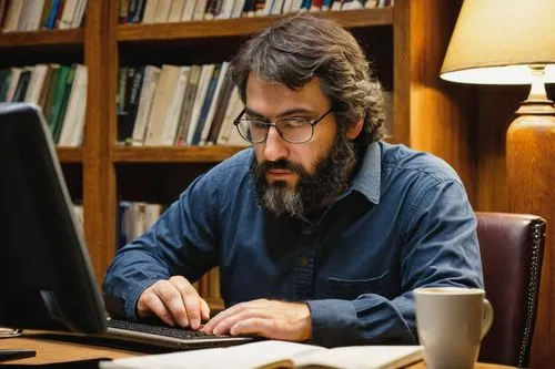 Computer, book, William Stallings, author, desk, office, wooden shelf, multiple books stacked, lamp, soft lighting, warm atmosphere, leather chair, glasses, beard, middle-aged man, sitting, reading, r