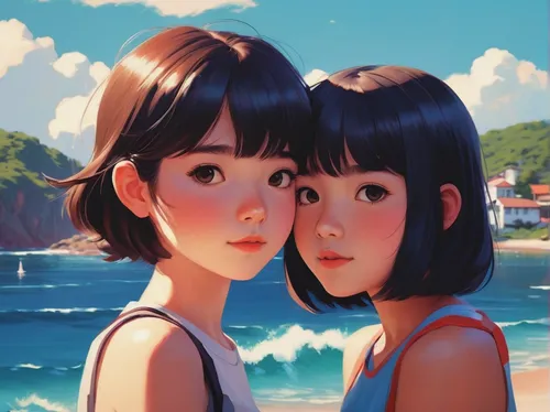 studio ghibli,summer day,lover's beach,two girls,hiyayakko,blue sea,beach background,shirakami-sanchi,summer background,summer icons,白斩鸡,in the summer,summer,seaside,japanese waves,by the sea,dream beach,ocean,boy and girl,beach goers,Conceptual Art,Fantasy,Fantasy 19