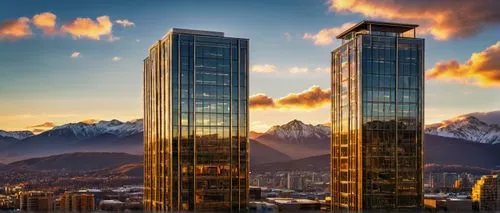 Modern skyscraper, sleek glass facade, steel framework, intricate details, urban cityscape, sunset time, golden light reflecting off the windows, distant mountains creating a serene backdrop, soft clo