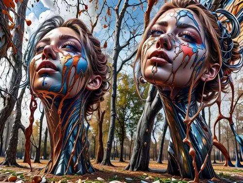 distorted,psychedelic art,split personality,mirror image,surrealism,parallel worlds,glitch art,sirens,meridians,mirrored,surrealistic,world digital painting,mirror house,bodypainting,mirrors,mirror of souls,two girls,fractalius,sculpture park,halloween bare trees