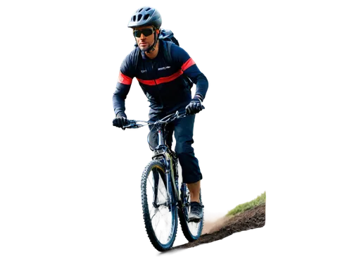 Mountain bike, off-road cycling, athletic male, helmet, goggles, sweaty face, muscular arms, worn gloves, sporty outfit, chain-driven wheels, suspension fork, disc brakes, knobby tires, rugged terrain