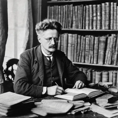 Russian revolutionary Leon Trotsky (1879 - 1940) working on his book 'The History of the Russian Revolution' in his study at Principe, Gulf of Guinea.,sibelius,sharpenberg,charles cháplin,papillon,joz