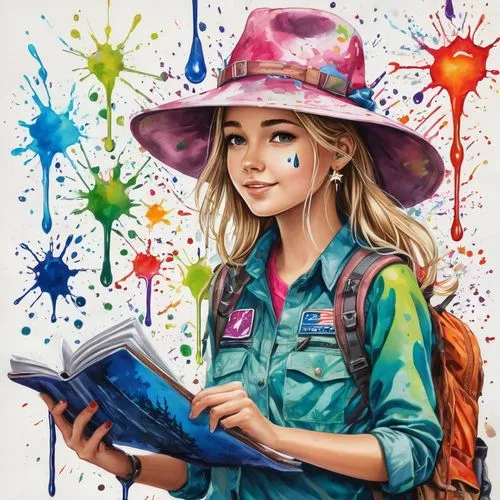 illustrator,girl drawing,kids illustration,color book,girl wearing hat,sci fiction illustration,girl studying,colorful doodle,watercolourist,author,boho art style,boho art,librarian,hatter,watercolorist,bookstar,colourful pencils,book cover,krita,colouring,Conceptual Art,Graffiti Art,Graffiti Art 08